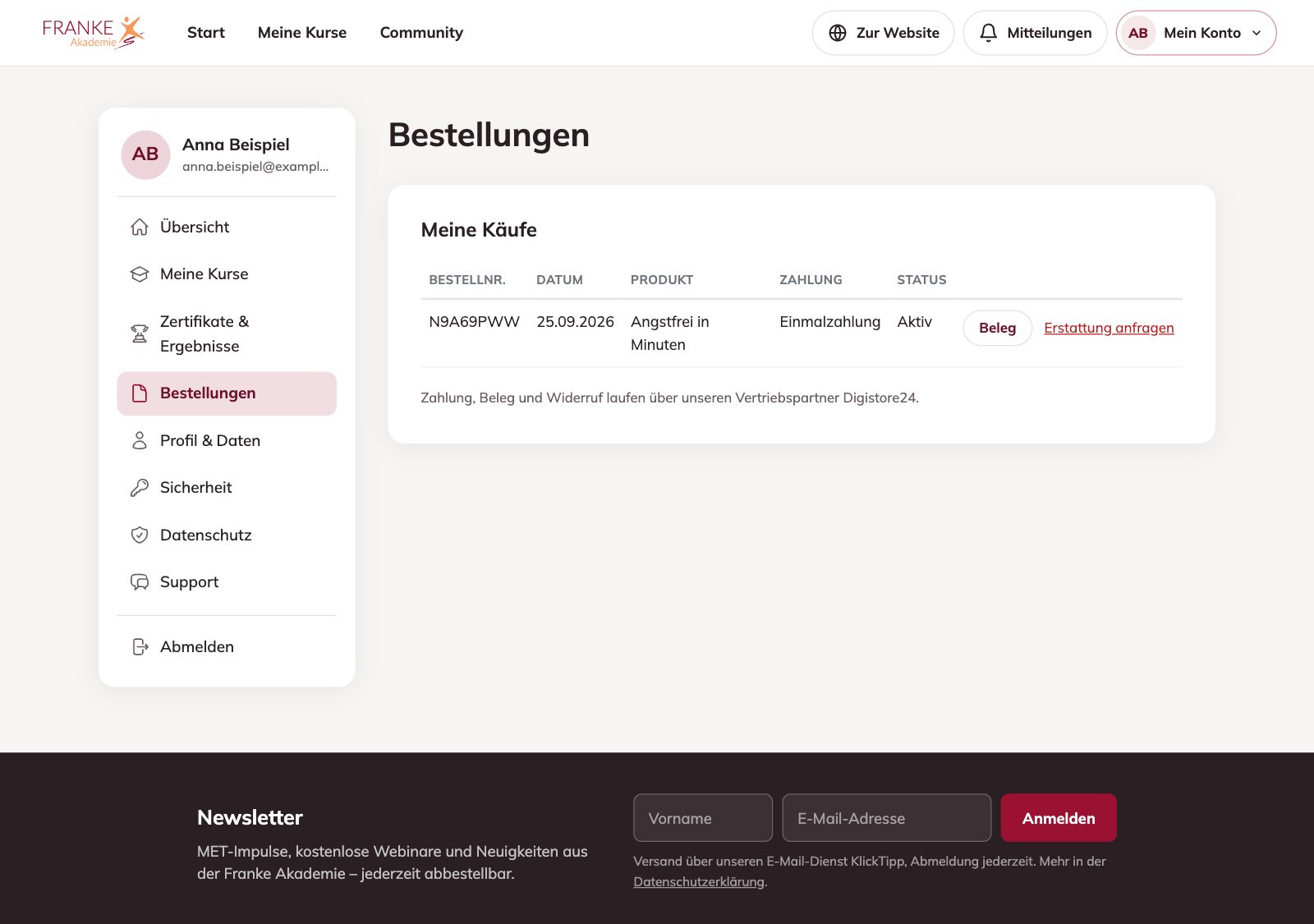 Seite „Bestellungen“ mit „Meine Käufe“ – MET by Franke – Bestellungen, Belege und Rechnungen