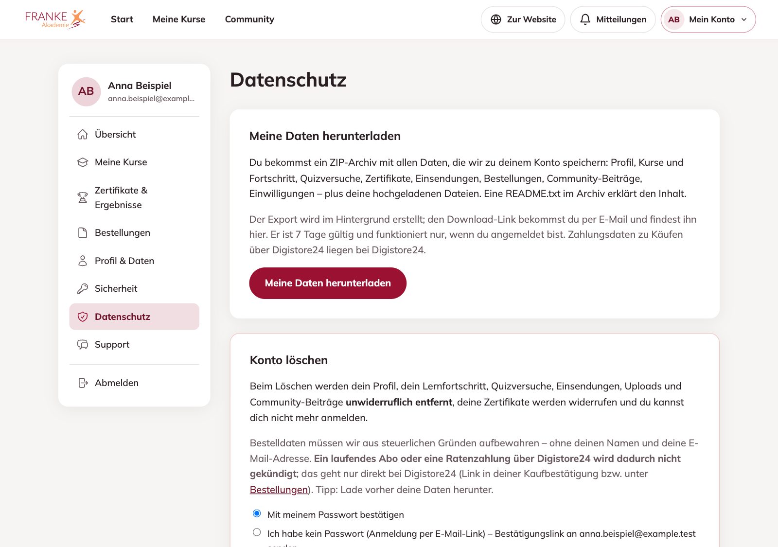 Seite „Datenschutz“ – MET by Franke – Meine Daten herunterladen oder Konto löschen