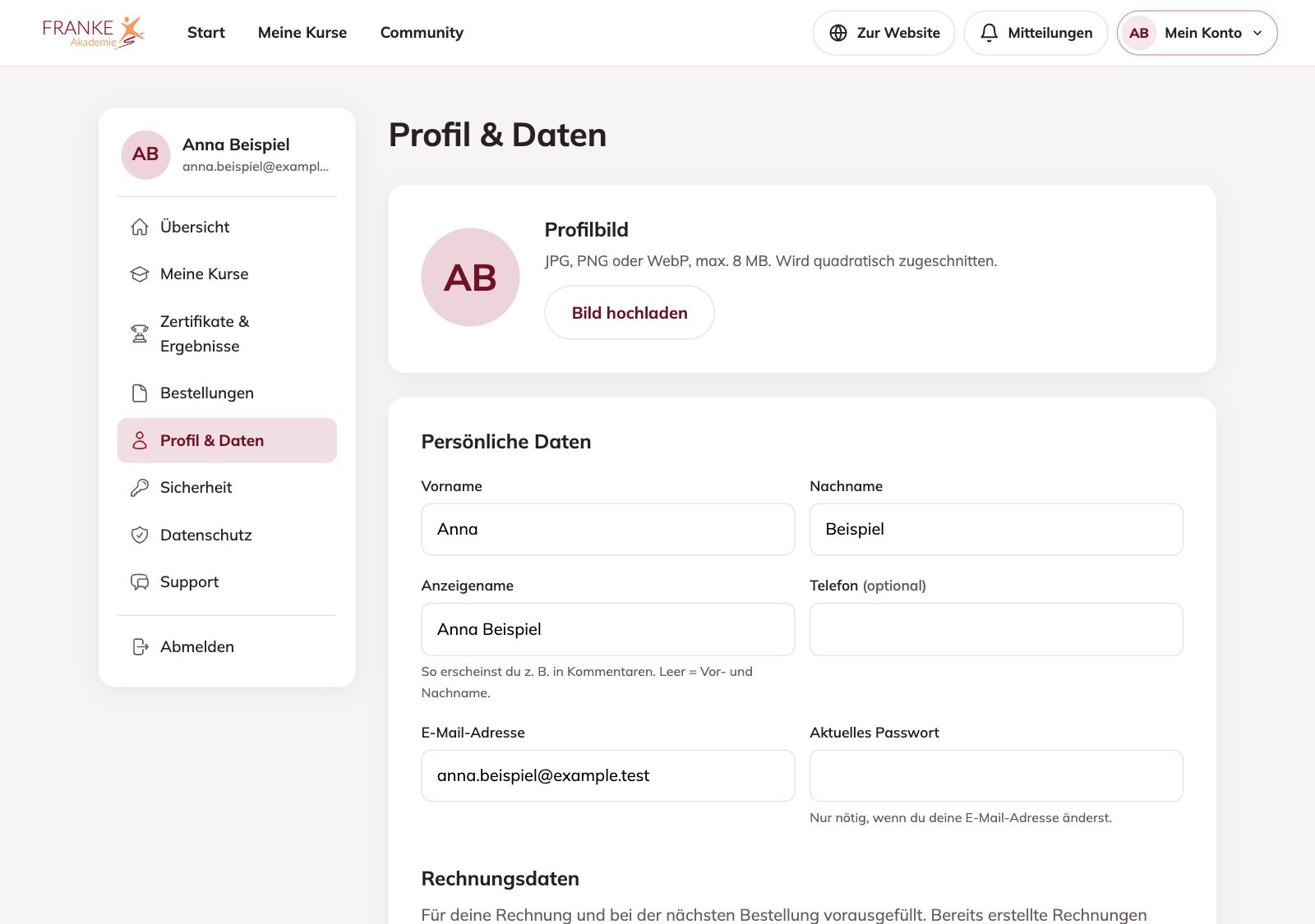 Die Seite „Profil & Daten“ – MET by Franke – Name, Profilbild und E-Mail-Adresse ändern