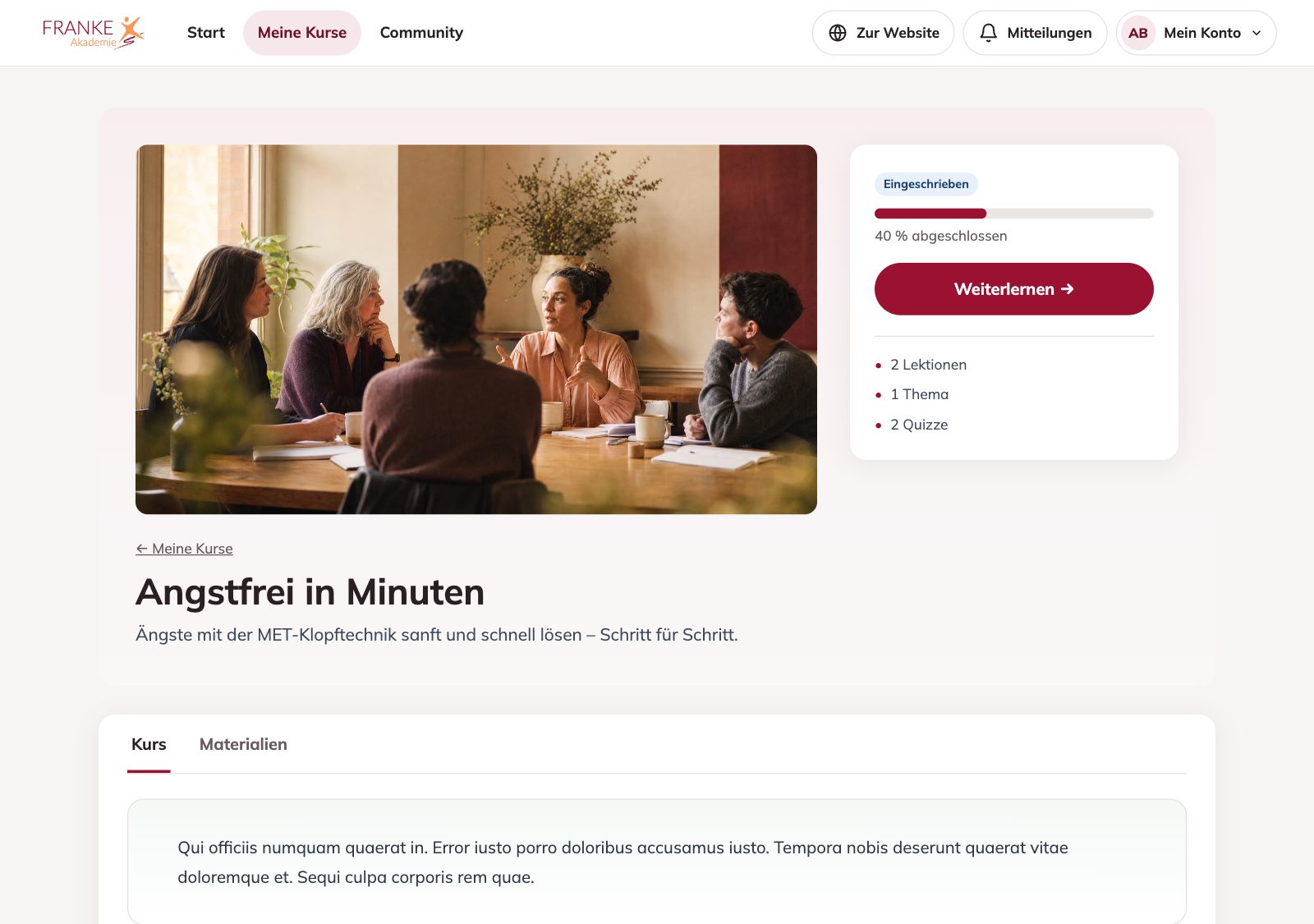 Kursseite mit Fortschritt und „Weiterlernen“ – MET by Franke – Wie lerne ich im Kurs? Weiterlernen, Fortschritt und „erledigt“