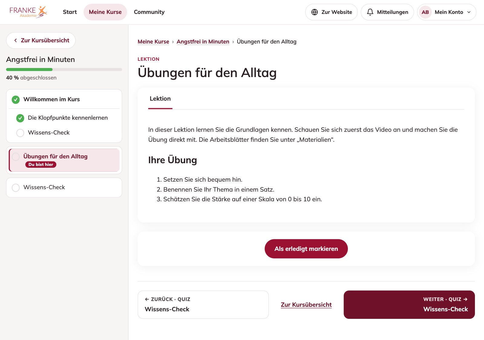 Eine Lektion mit Kursaufbau links – MET by Franke – Wie lerne ich im Kurs? Weiterlernen, Fortschritt und „erledigt“
