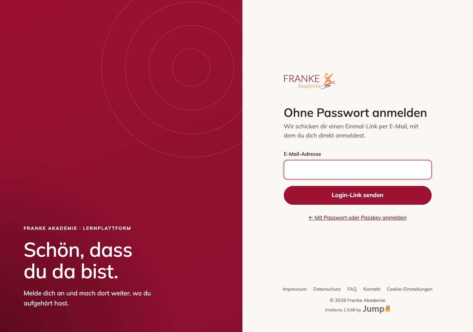 Seite „Ohne Passwort anmelden“ – MET by Franke – Ohne Passwort anmelden – Login-Link per E-Mail