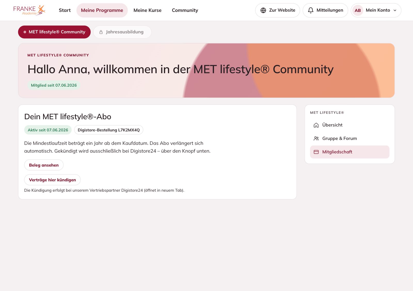 Der Bereich „Mitgliedschaft“ mit dem Knopf „Verträge hier kündigen“ – MET by Franke – Wie kündige ich mein MET lifestyle®-Abo?