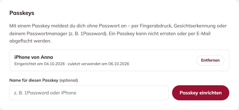 Der Bereich „Passkeys“ unter Mein Konto → Sicherheit – MET by Franke – Passkey einrichten – anmelden mit Fingerabdruck oder Gesicht