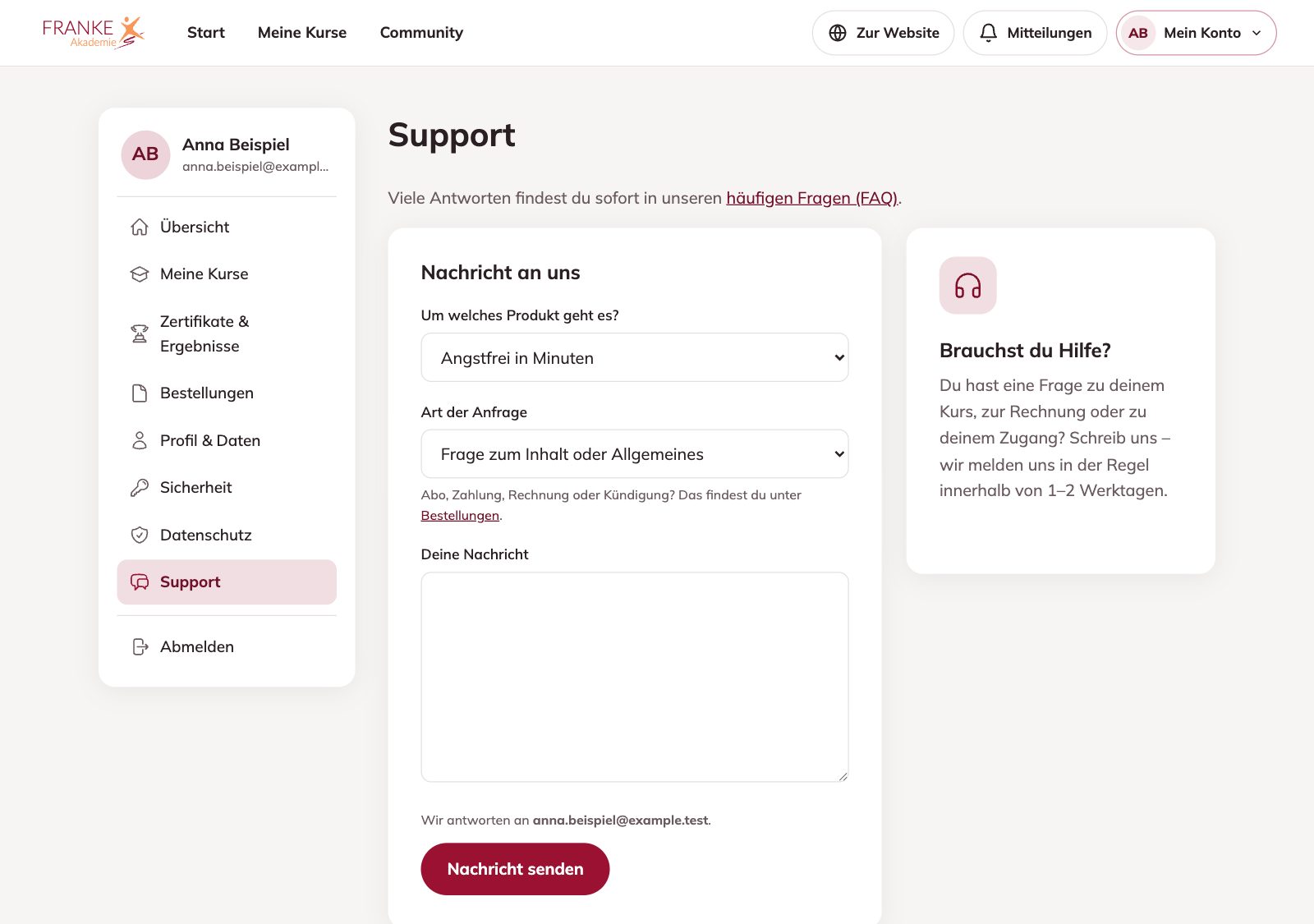 Die Support-Seite im Konto – MET by Franke – Welche Angaben braucht der Support?
