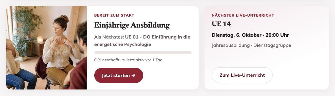 Vorschau der neuen Lernplattform: Startseite mit der Einjährigen Ausbildung und dem nächsten Live-Unterricht